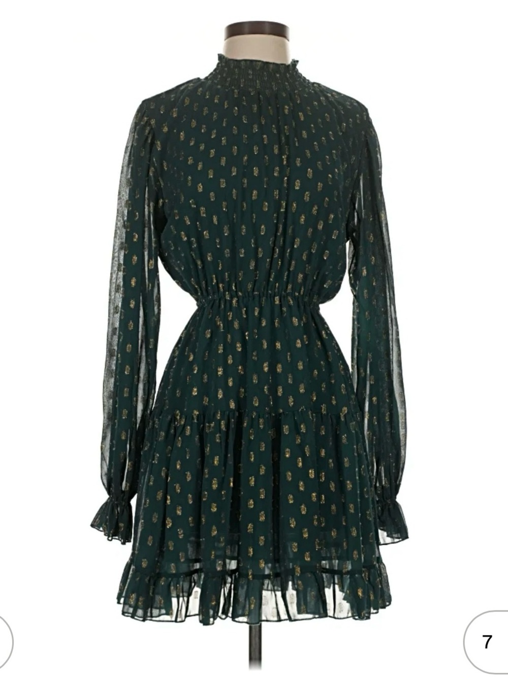 Aqua Dark Green Long-Sleeve Mini Dress with Gold Motif